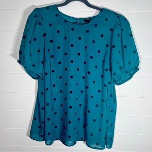 Torrid Teal Green Black Polka Dot Sheer Short Sleeve Top Size 2